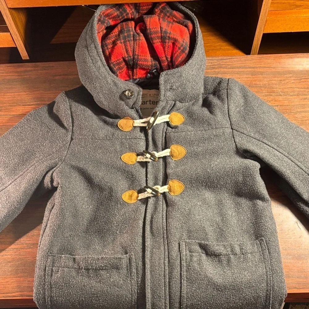 Carter's Charcoal Pea Coat with Red Plaid Lining